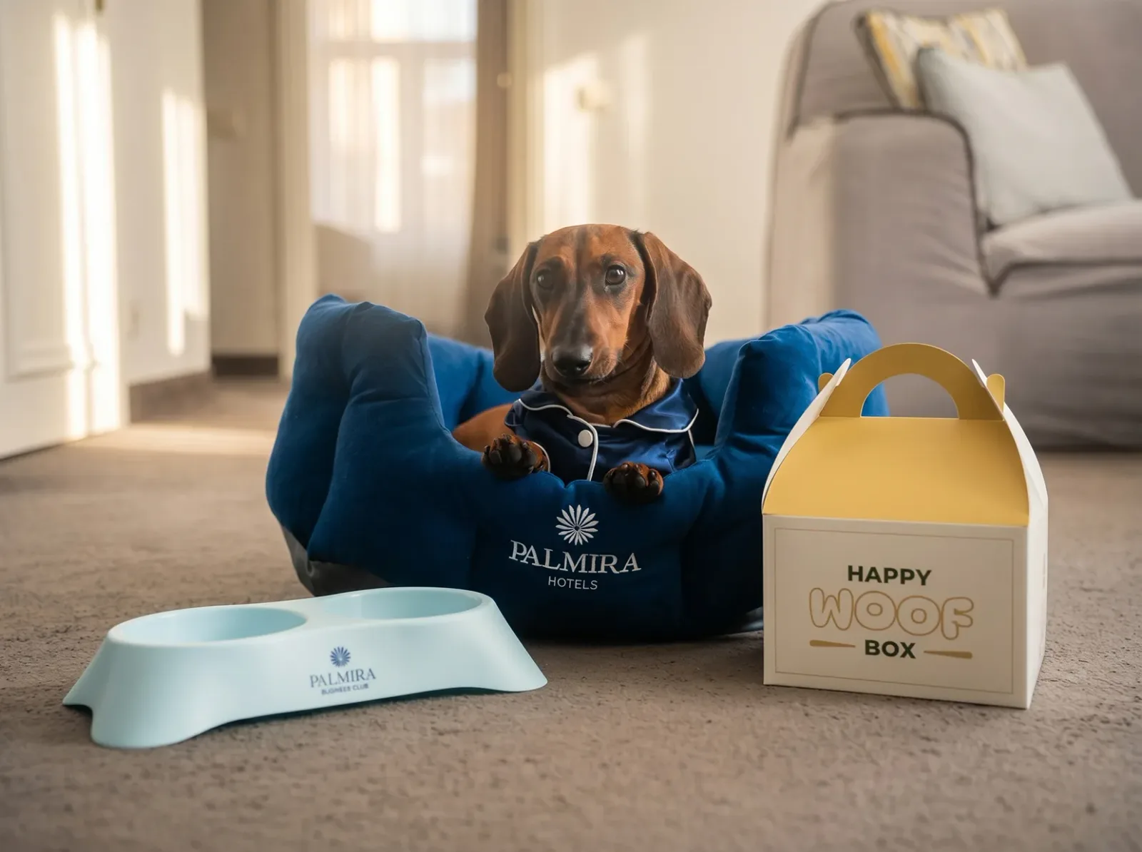 Такса в лежанке Palmira Hotels рядом с мисками и приветственным набором